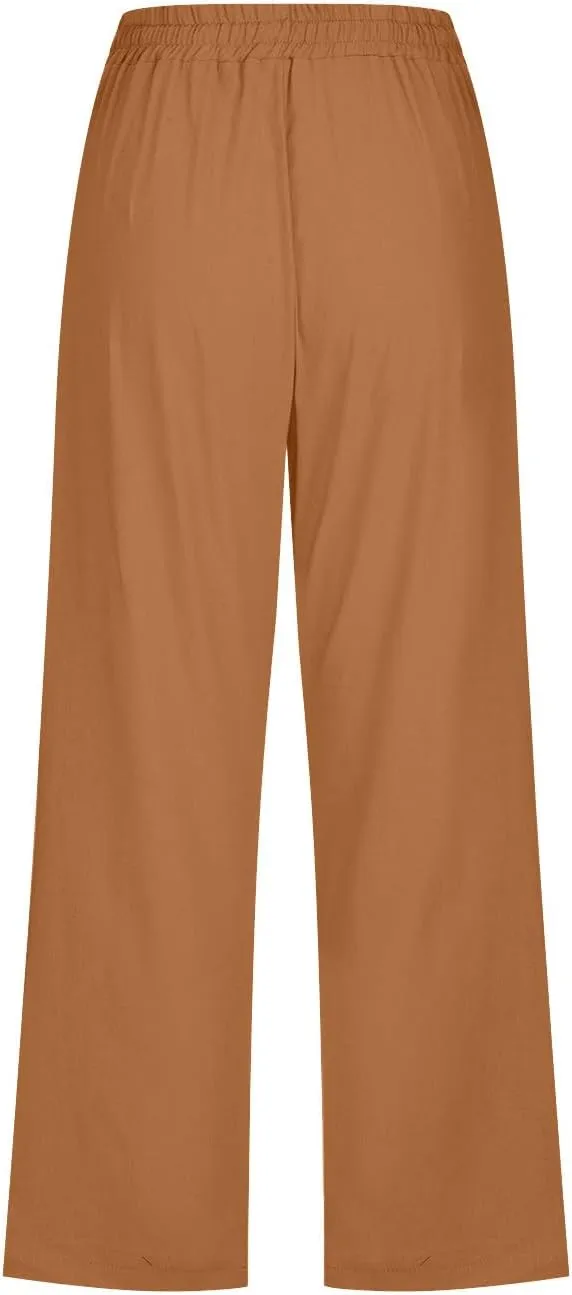 Linen Capri Pants for Women Casual Drawstring High Waisted Wide Leg Trousers Elastic Waist Loose Pants with Pockets
