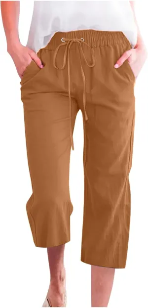Linen Capri Pants for Women Casual Drawstring High Waisted Wide Leg Trousers Elastic Waist Loose Pants with Pockets