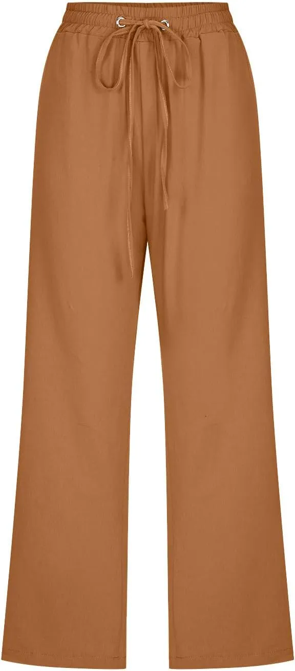Linen Capri Pants for Women Casual Drawstring High Waisted Wide Leg Trousers Elastic Waist Loose Pants with Pockets