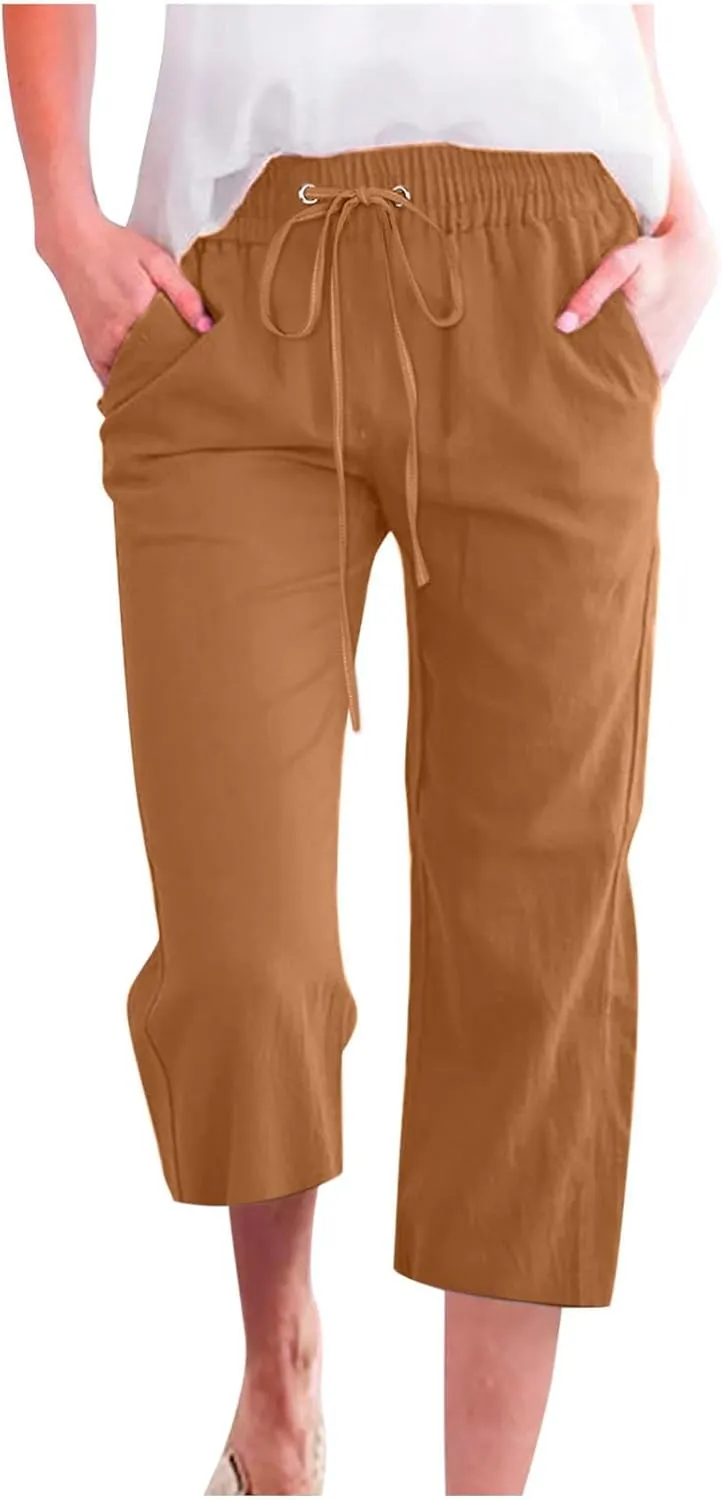 Linen Capri Pants for Women Casual Drawstring High Waisted Wide Leg Trousers Elastic Waist Loose Pants with Pockets