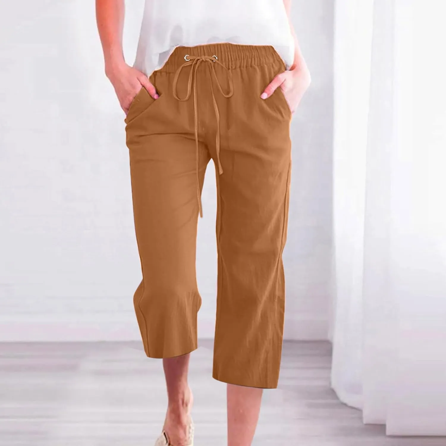 Linen Capri Pants for Women Casual Drawstring High Waisted Wide Leg Trousers Elastic Waist Loose Pants with Pockets