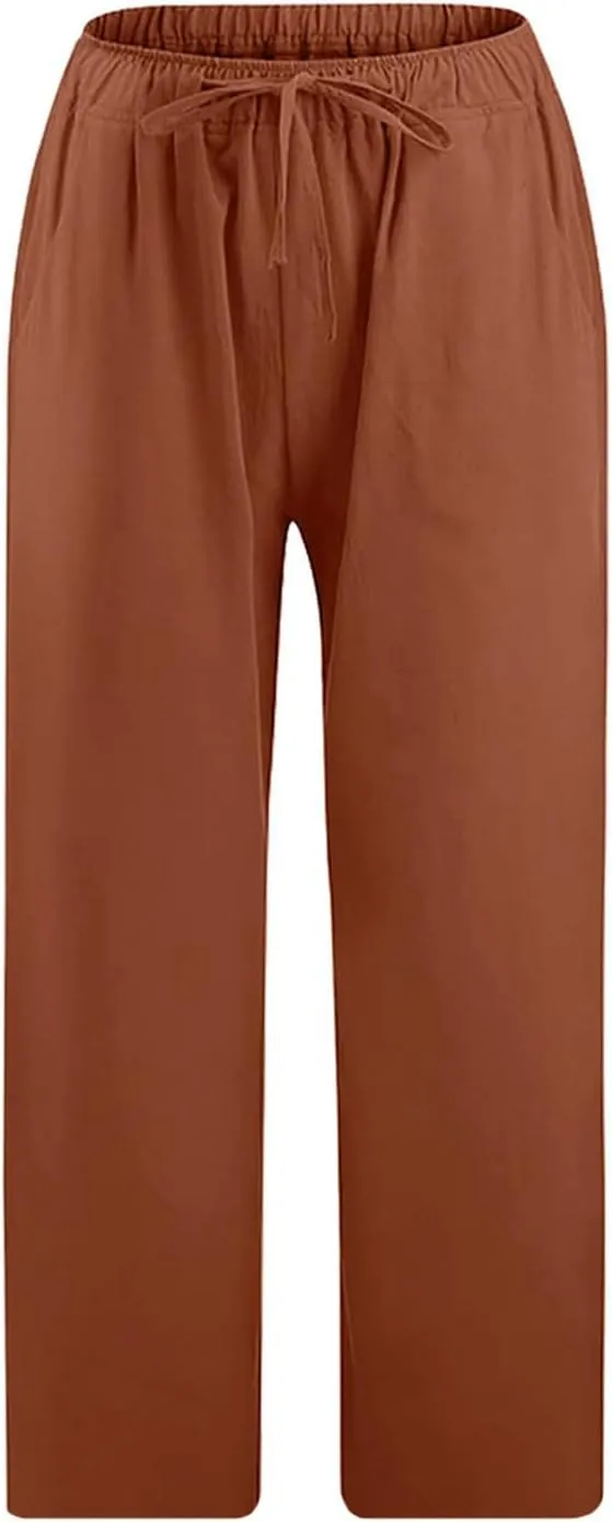 Linen Capri Pants for Women with Pockets Drawstring Waisted Summer Loose Cropped Pants Wide Leg Trousers