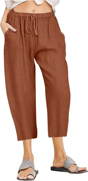 Linen Capri Pants for Women with Pockets Drawstring Waisted Summer Loose Cropped Pants Wide Leg Trousers