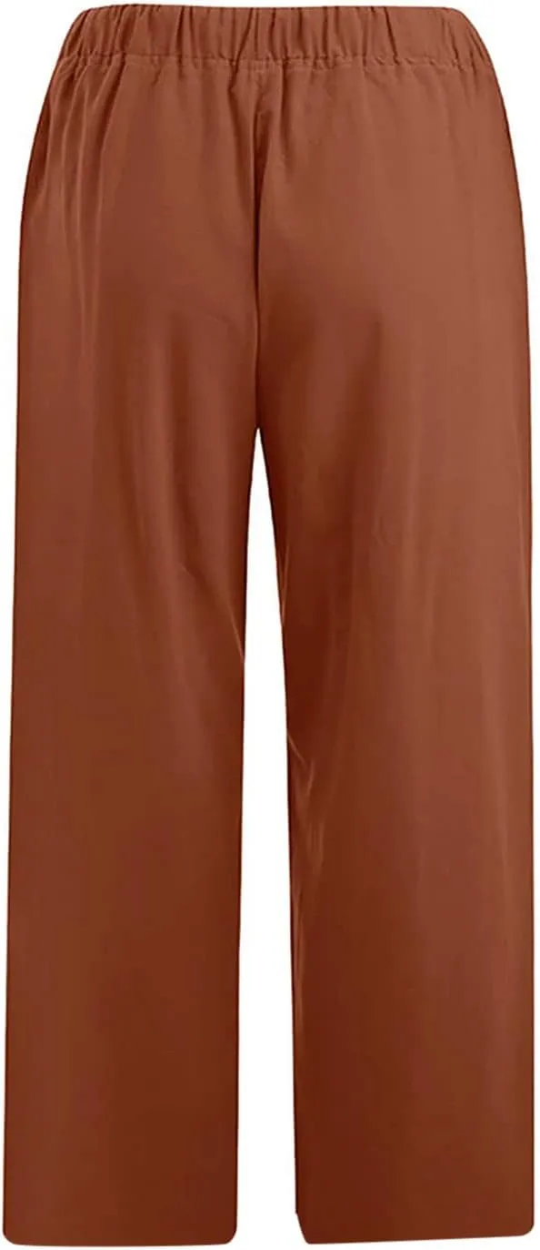 Linen Capri Pants for Women with Pockets Drawstring Waisted Summer Loose Cropped Pants Wide Leg Trousers