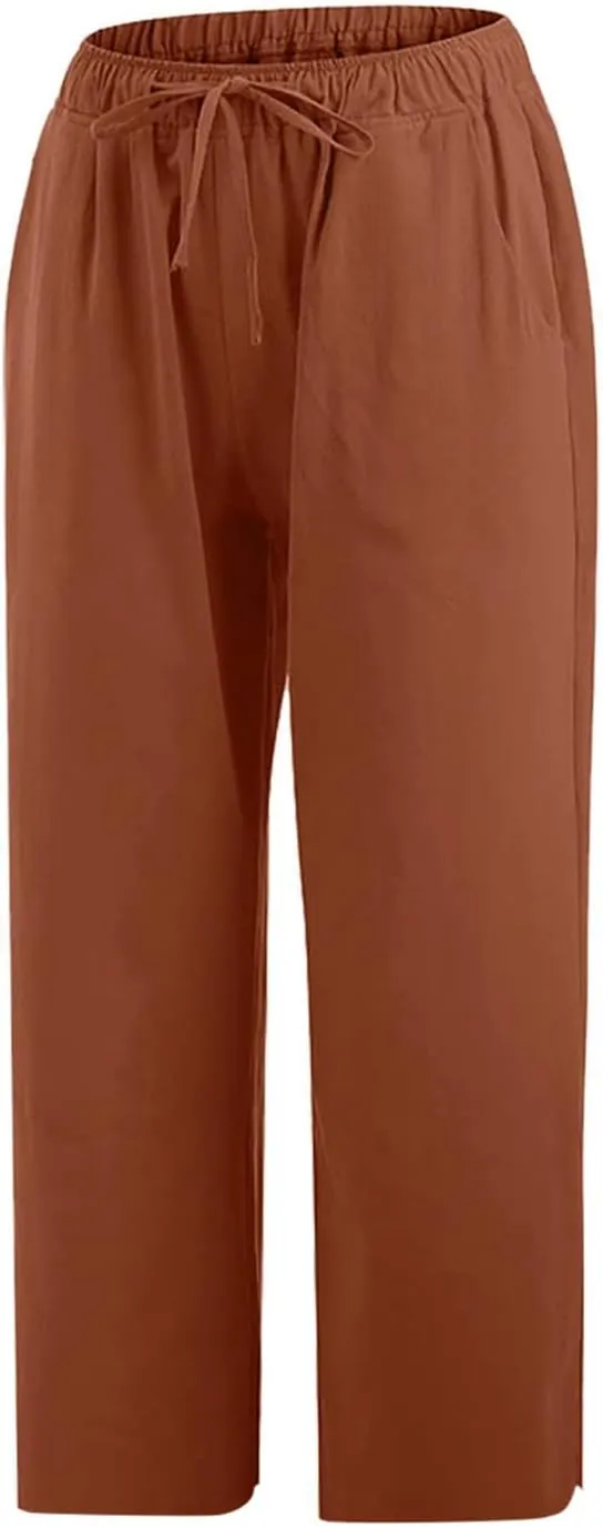Linen Capri Pants for Women with Pockets Drawstring Waisted Summer Loose Cropped Pants Wide Leg Trousers