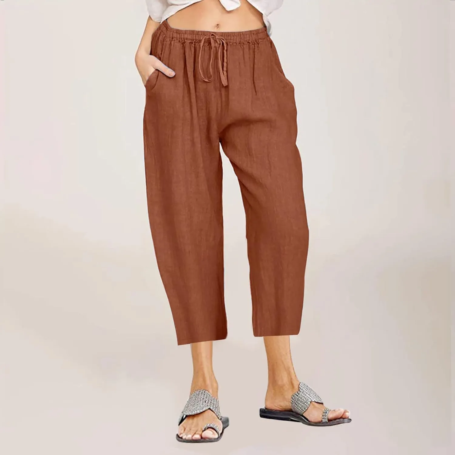 Linen Capri Pants for Women with Pockets Drawstring Waisted Summer Loose Cropped Pants Wide Leg Trousers