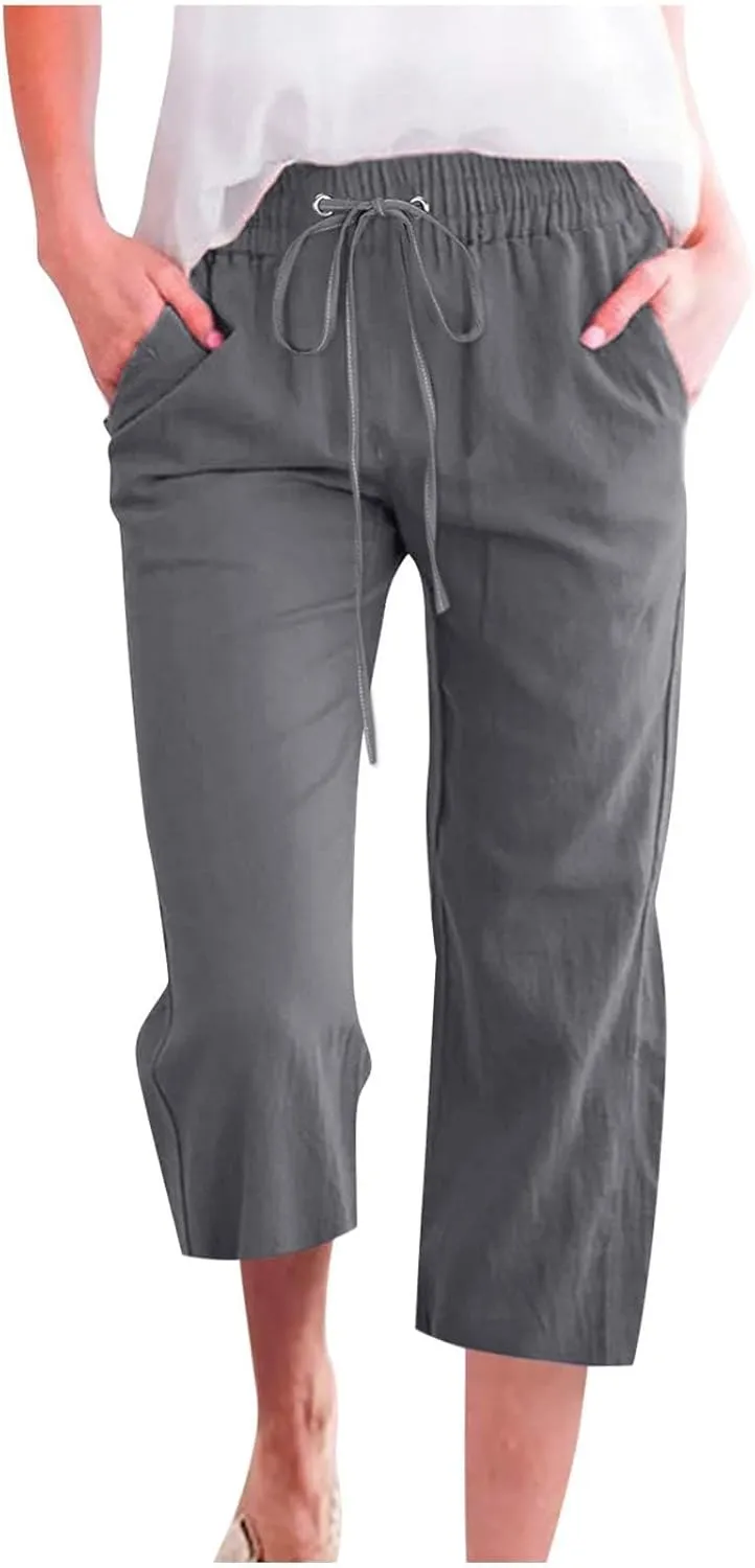 Linen Capris for Women 2024 Summer Lightweight High Waisted Cropped Pants Casual Loose Wide Leg Trousers with Pockets