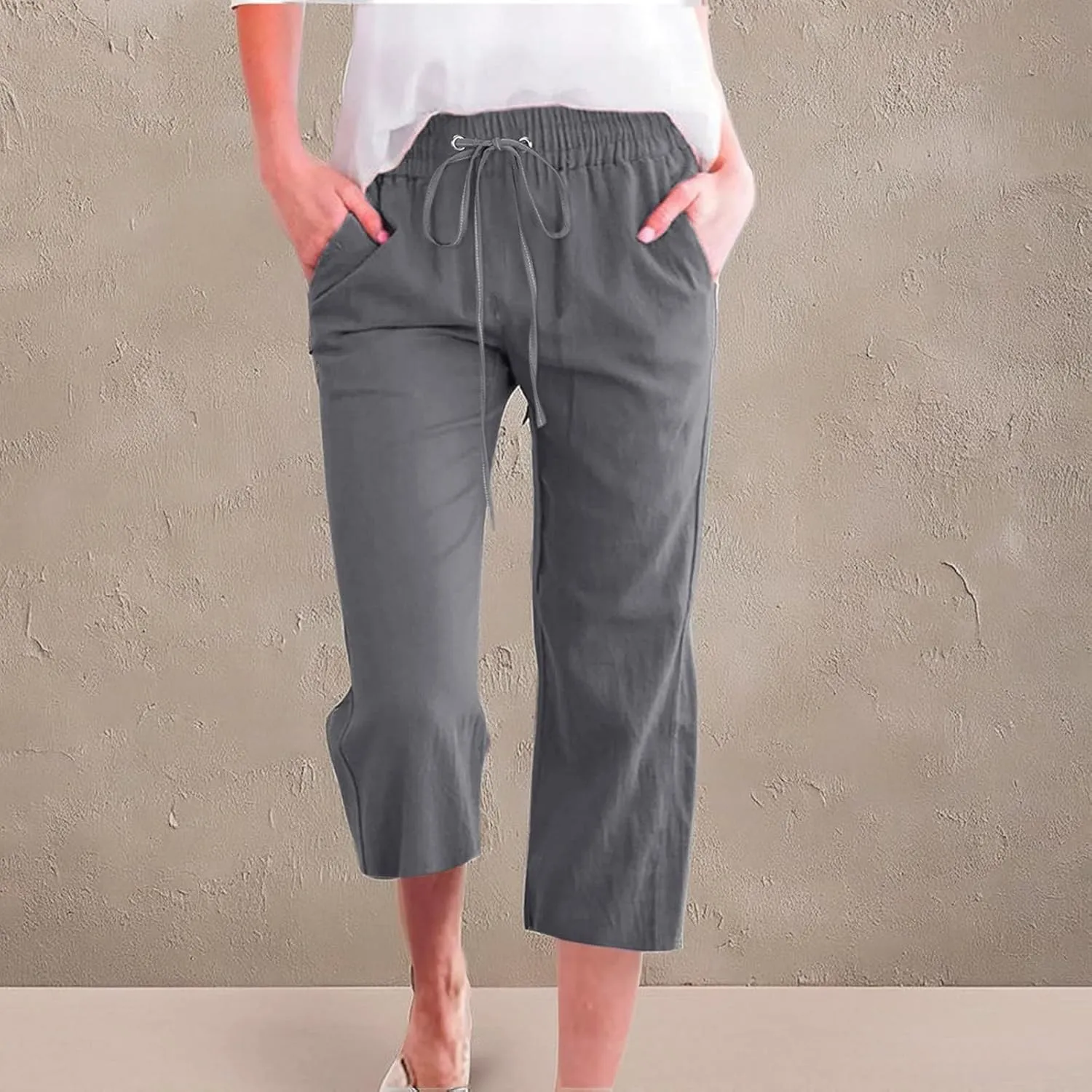 Linen Capris for Women 2024 Summer Lightweight High Waisted Cropped Pants Casual Loose Wide Leg Trousers with Pockets