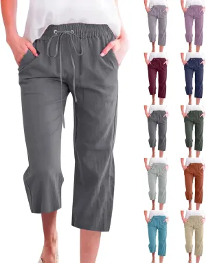 Linen Capris for Women 2024 Summer Lightweight High Waisted Cropped Pants Casual Loose Wide Leg Trousers with Pockets