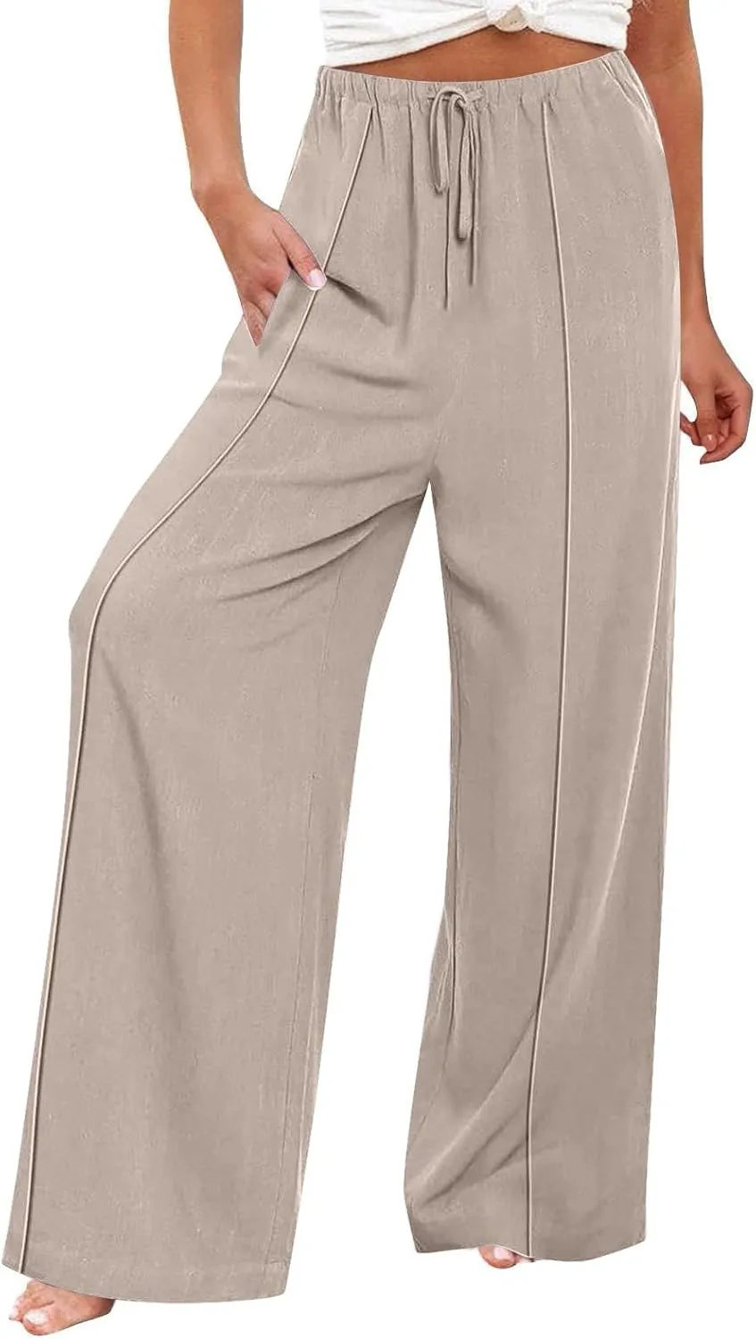 Linen Drawstring Pants Women Beach Vacation Outfits 2025 Solid Resort Pants with Pockets Spring Lightweight Flowy Sweatpants