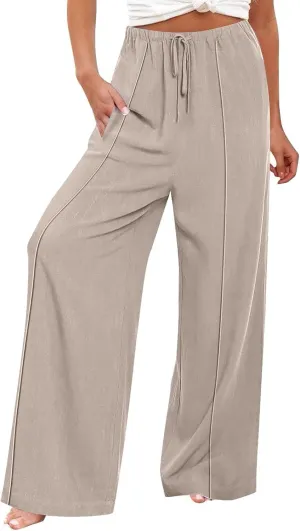 Linen Drawstring Pants Women Beach Vacation Outfits 2025 Solid Resort Pants with Pockets Spring Lightweight Flowy Sweatpants