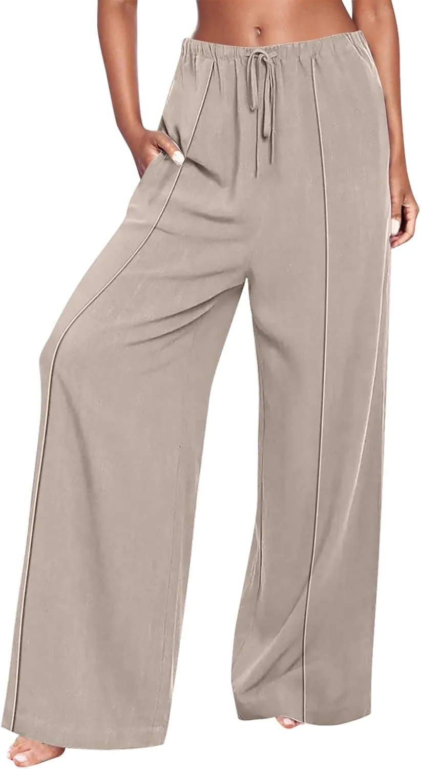 Linen Drawstring Pants Women Beach Vacation Outfits 2025 Solid Resort Pants with Pockets Spring Lightweight Flowy Sweatpants