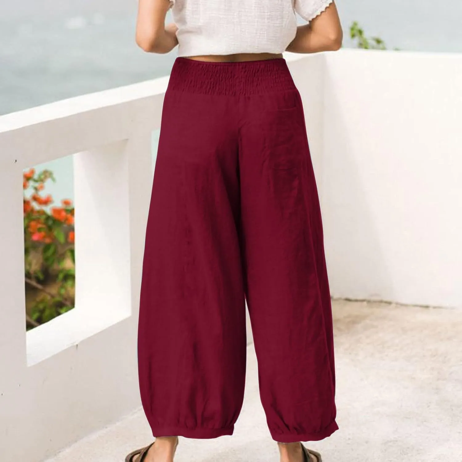 Linen Dress Pants Women Summer High Waisted Loose Fit Pants for Work Flowy Casual Harem Palazzo Trousers with Pockets
