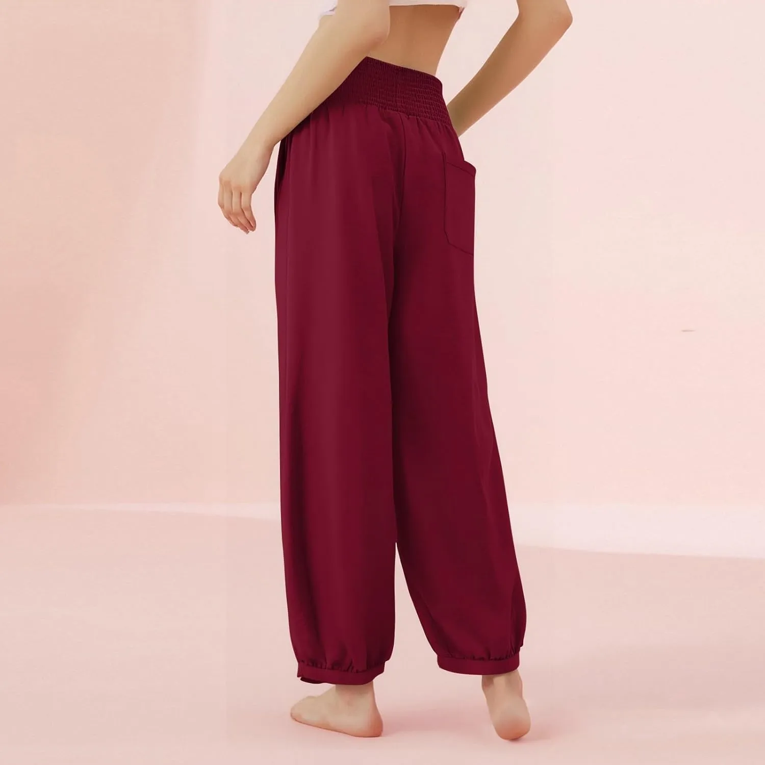 Linen Dress Pants Women Summer High Waisted Loose Fit Pants for Work Flowy Casual Harem Palazzo Trousers with Pockets
