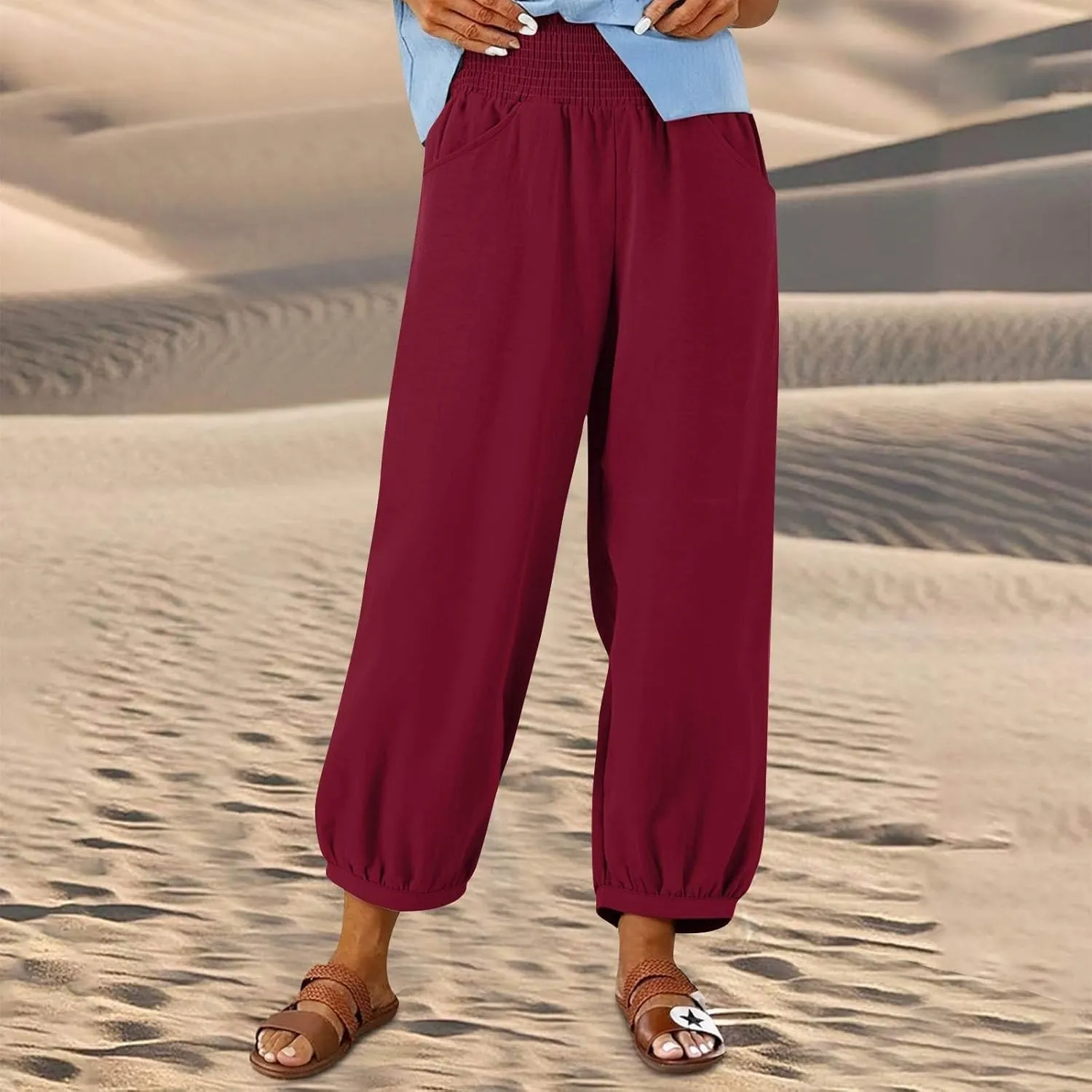 Linen Dress Pants Women Summer High Waisted Loose Fit Pants for Work Flowy Casual Harem Palazzo Trousers with Pockets