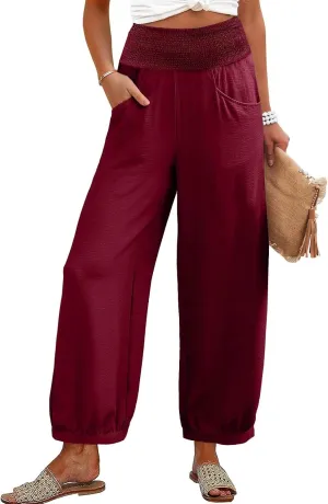 Linen Dress Pants Women Summer High Waisted Loose Fit Pants for Work Flowy Casual Harem Palazzo Trousers with Pockets