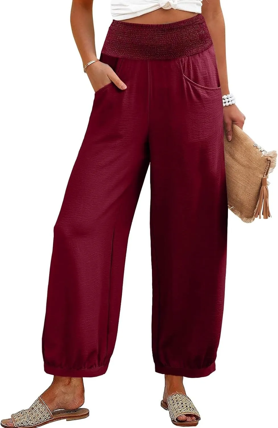 Linen Dress Pants Women Summer High Waisted Loose Fit Pants for Work Flowy Casual Harem Palazzo Trousers with Pockets