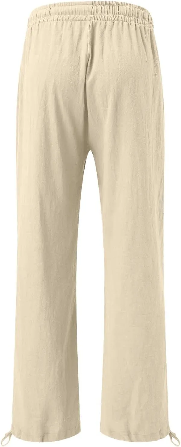 Linen Palazzo Pants for Women Dressy Summer Wide Leg Flowy Pants Boho Drawstring Beach Lounge Trousers with Pockets
