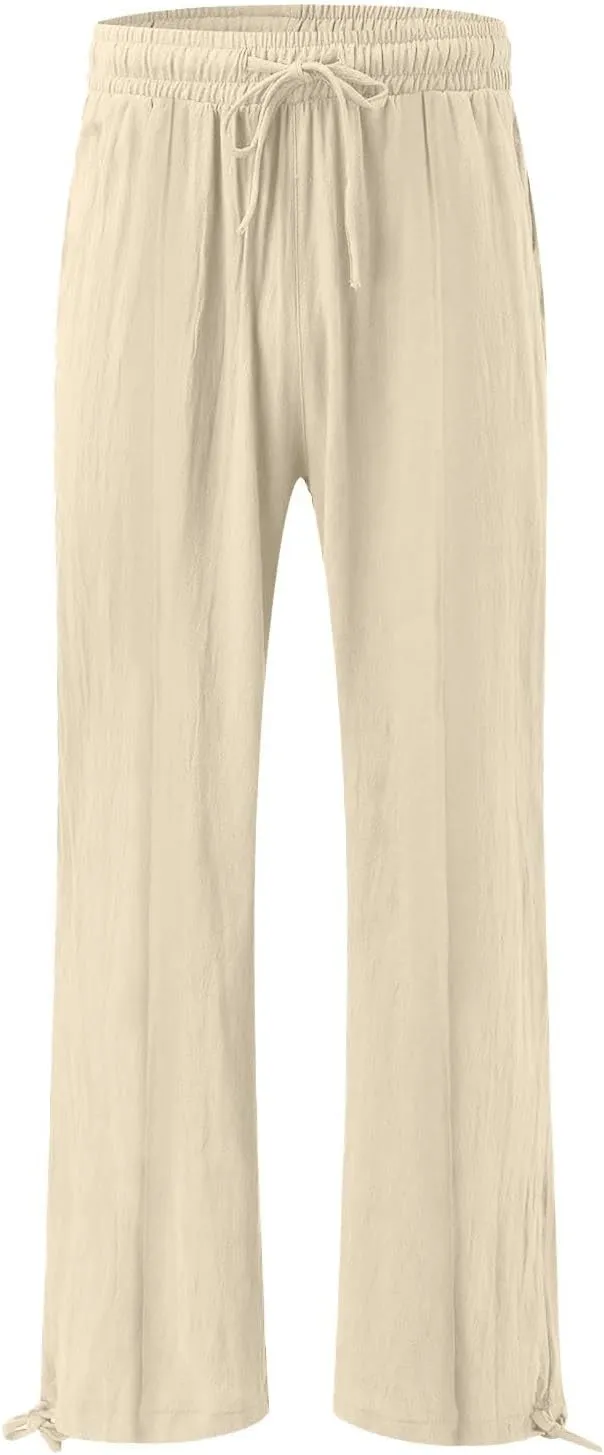 Linen Palazzo Pants for Women Dressy Summer Wide Leg Flowy Pants Boho Drawstring Beach Lounge Trousers with Pockets