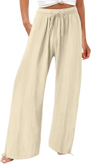Linen Palazzo Pants for Women Dressy Summer Wide Leg Flowy Pants Boho Drawstring Beach Lounge Trousers with Pockets