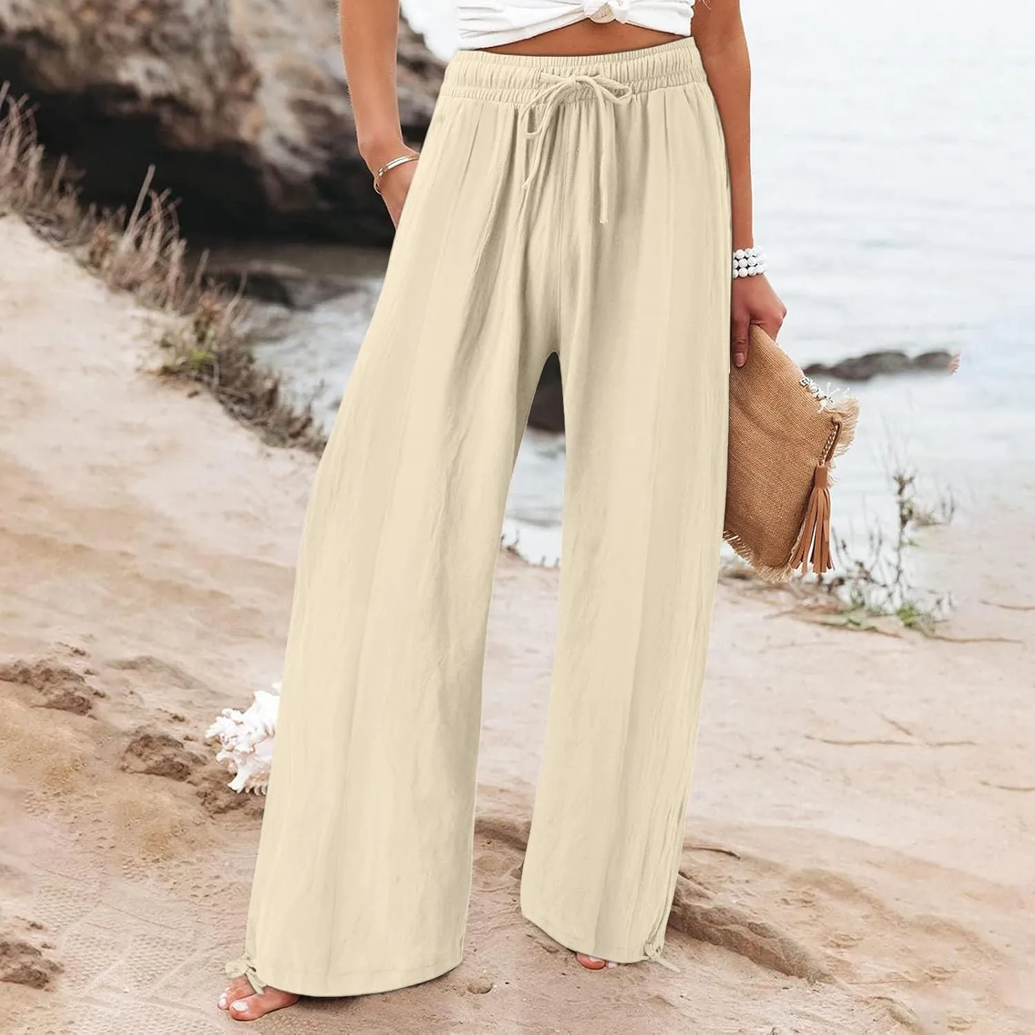 Linen Palazzo Pants for Women Dressy Summer Wide Leg Flowy Pants Boho Drawstring Beach Lounge Trousers with Pockets
