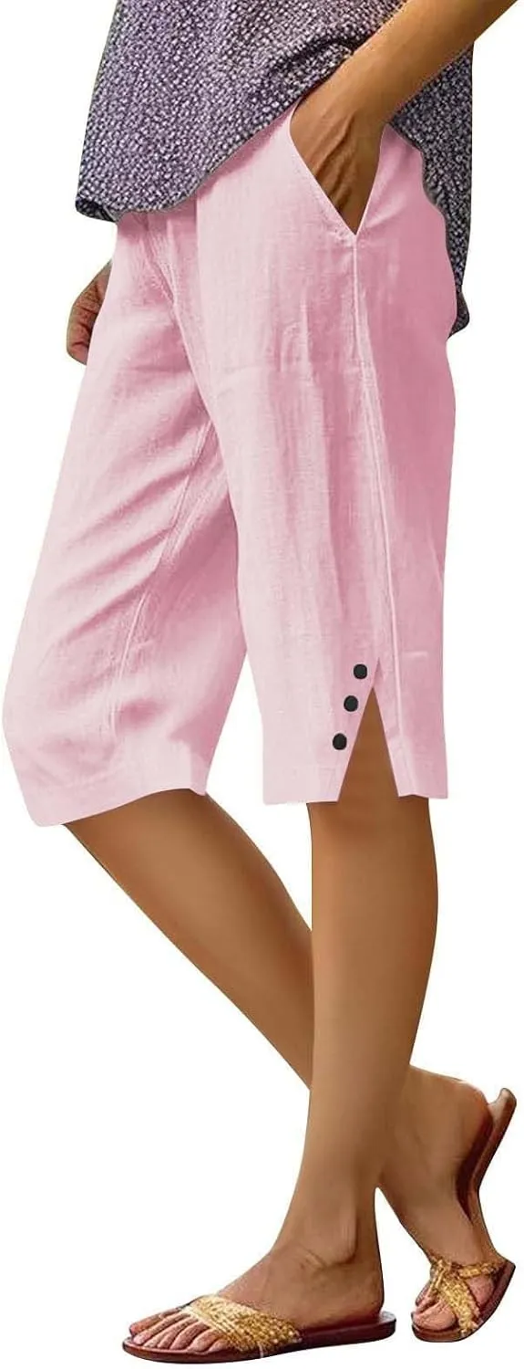 Linen Pants Cropped Pants Cotton Linen Elastic Waist Trousers Casual Loose Business Work Lounge Long Trousers
