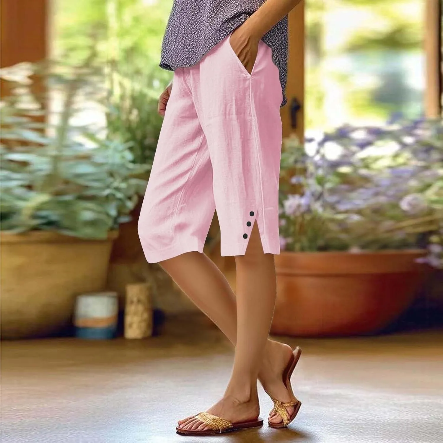 Linen Pants Cropped Pants Cotton Linen Elastic Waist Trousers Casual Loose Business Work Lounge Long Trousers