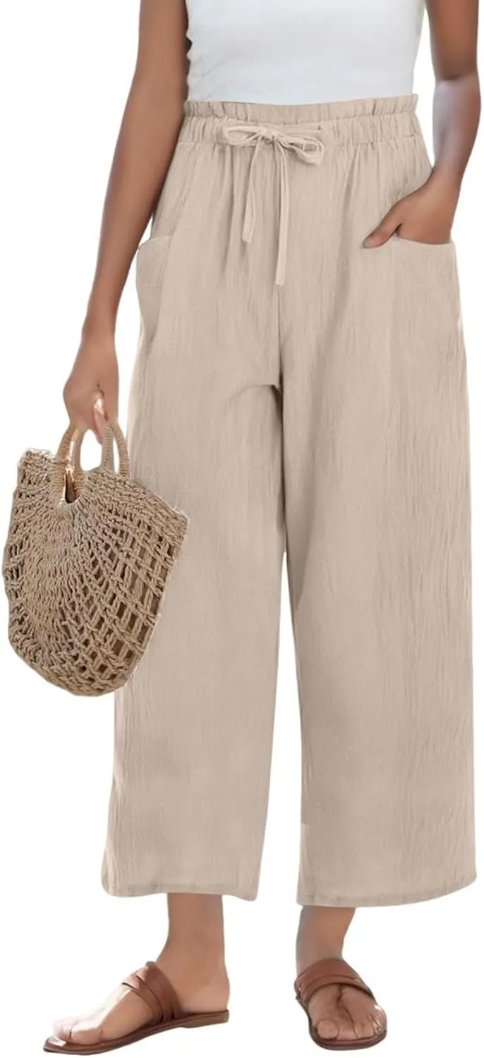 Linen Pants for Women 2025 Summer High Waist Elastic Straight Leg Lounge Palazzo Pant Lightweight Beach Trousers