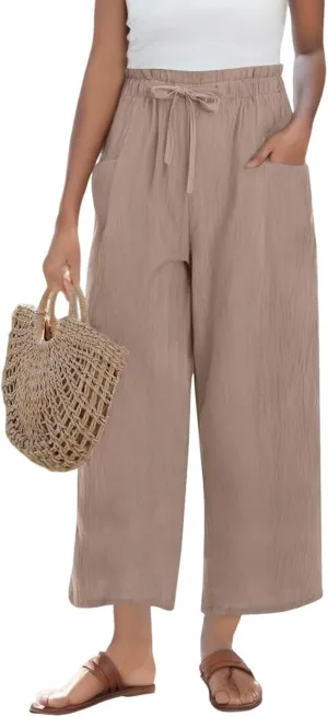 Linen Pants for Women 2025 Summer High Waist Elastic Straight Leg Lounge Palazzo Pant Lightweight Beach Trousers