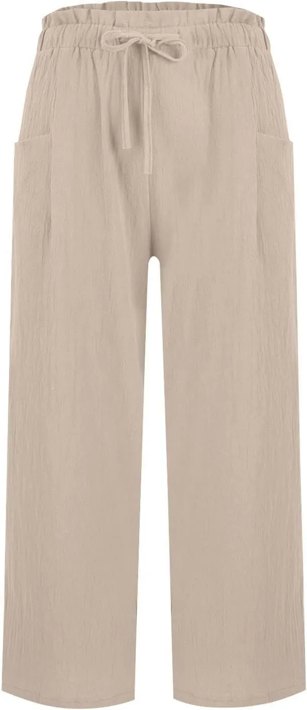 Linen Pants for Women 2025 Summer High Waist Elastic Straight Leg Lounge Palazzo Pant Lightweight Beach Trousers
