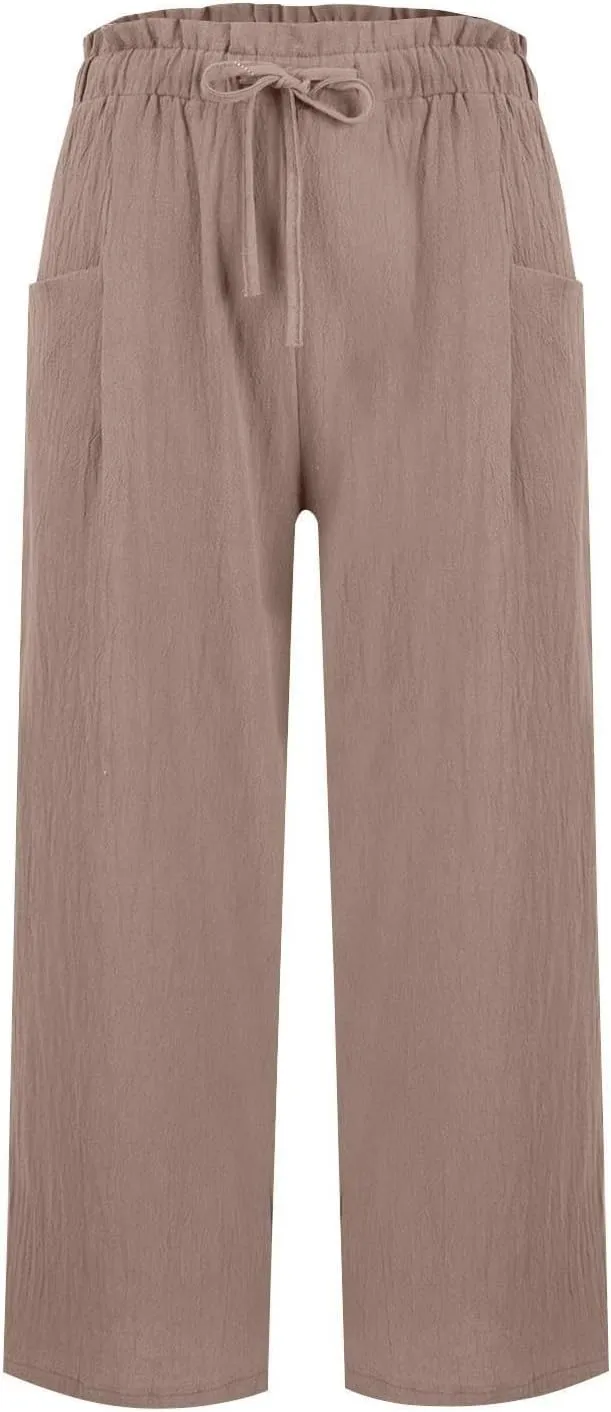 Linen Pants for Women 2025 Summer High Waist Elastic Straight Leg Lounge Palazzo Pant Lightweight Beach Trousers