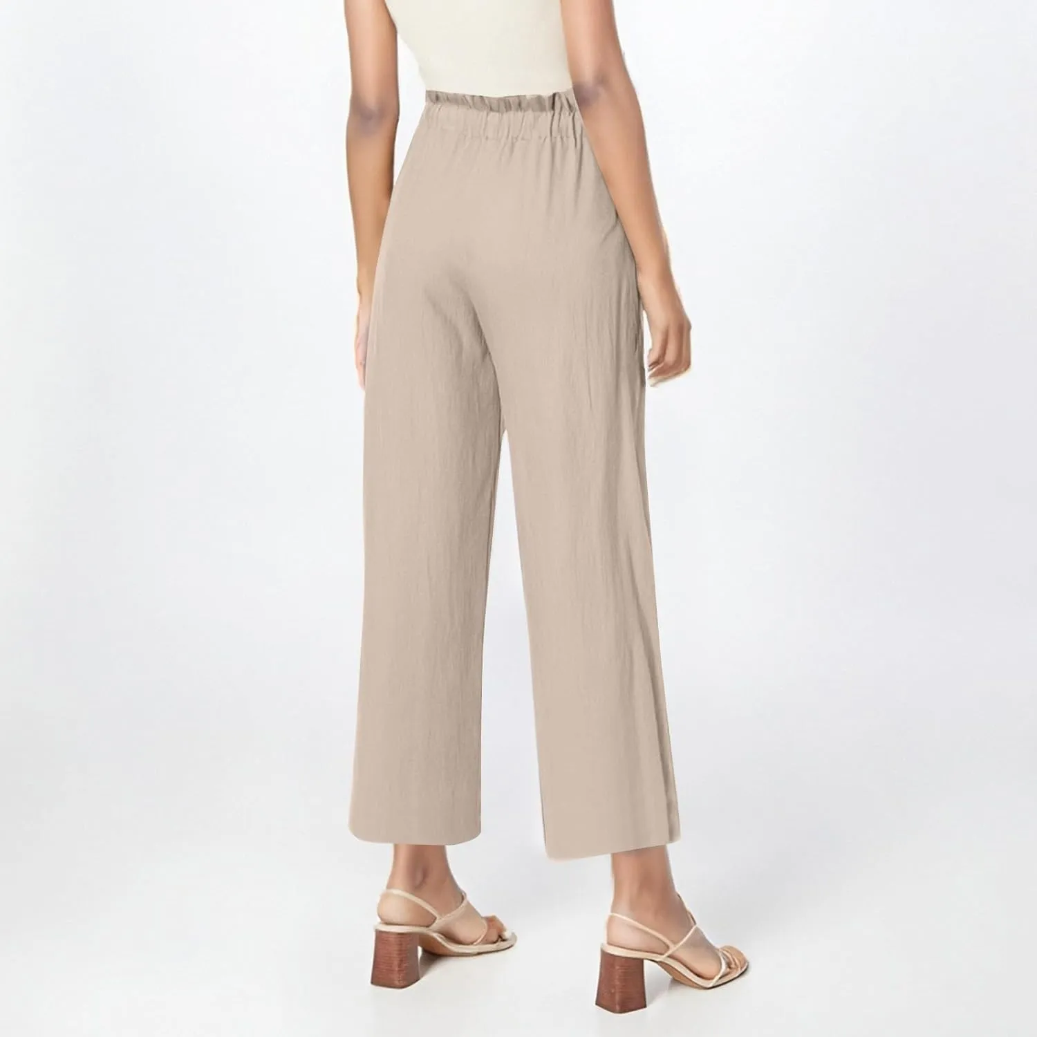 Linen Pants for Women 2025 Summer High Waist Elastic Straight Leg Lounge Palazzo Pant Lightweight Beach Trousers