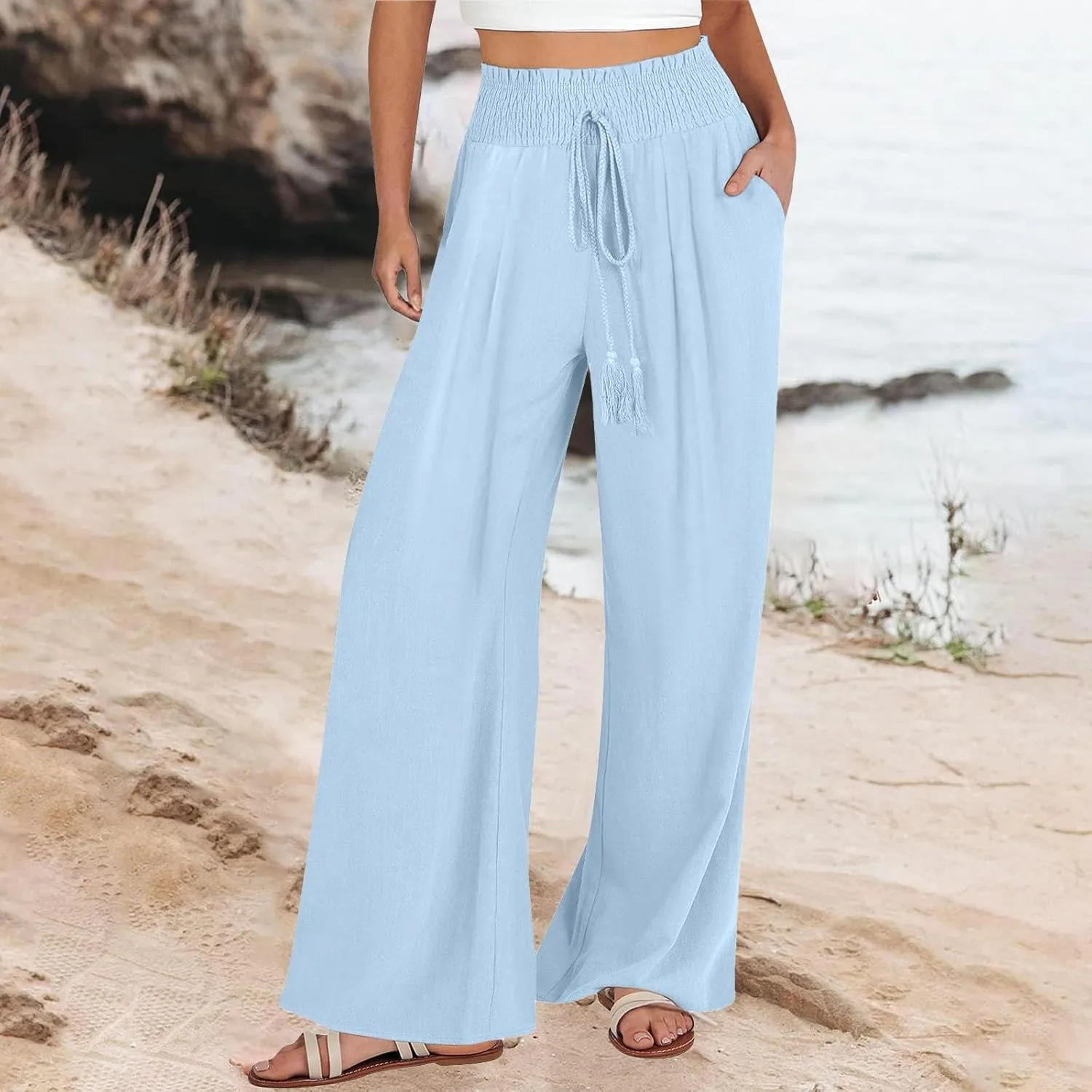 Linen Pants for Women Casual High Waisted Palazzo Pants Lightweight Summer Flowy Beach Pants with Pockets