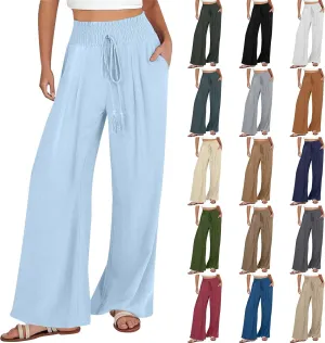 Linen Pants for Women Casual High Waisted Palazzo Pants Lightweight Summer Flowy Beach Pants with Pockets