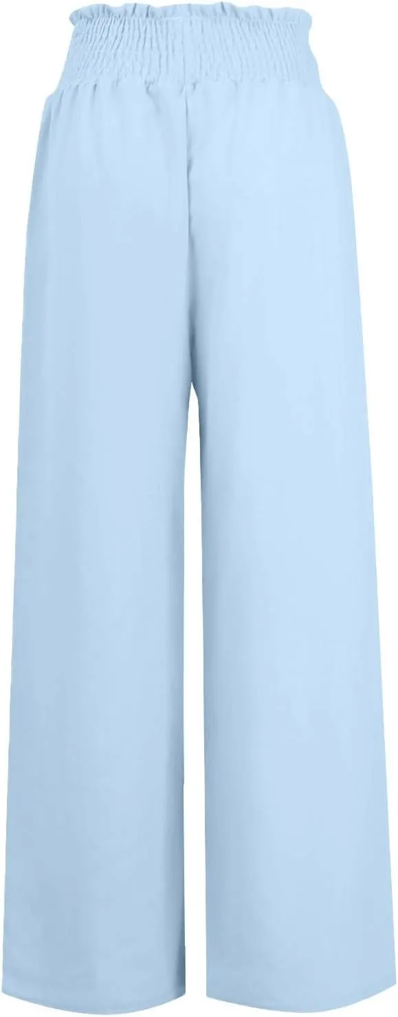 Linen Pants for Women Casual High Waisted Palazzo Pants Lightweight Summer Flowy Beach Pants with Pockets