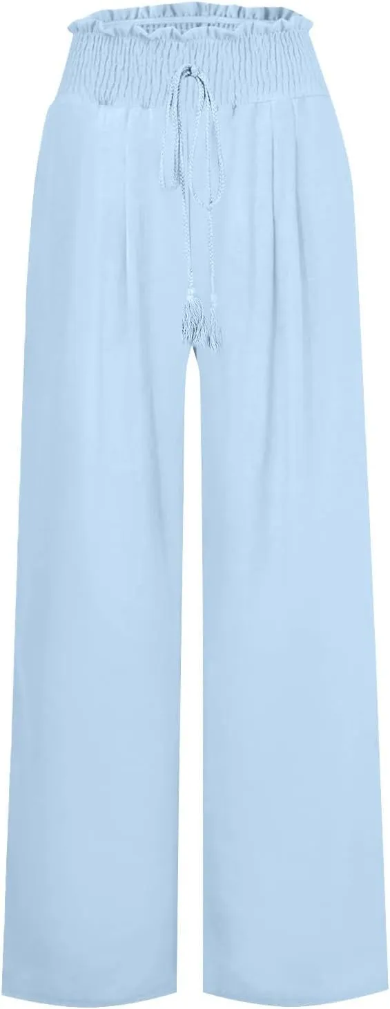 Linen Pants for Women Casual High Waisted Palazzo Pants Lightweight Summer Flowy Beach Pants with Pockets