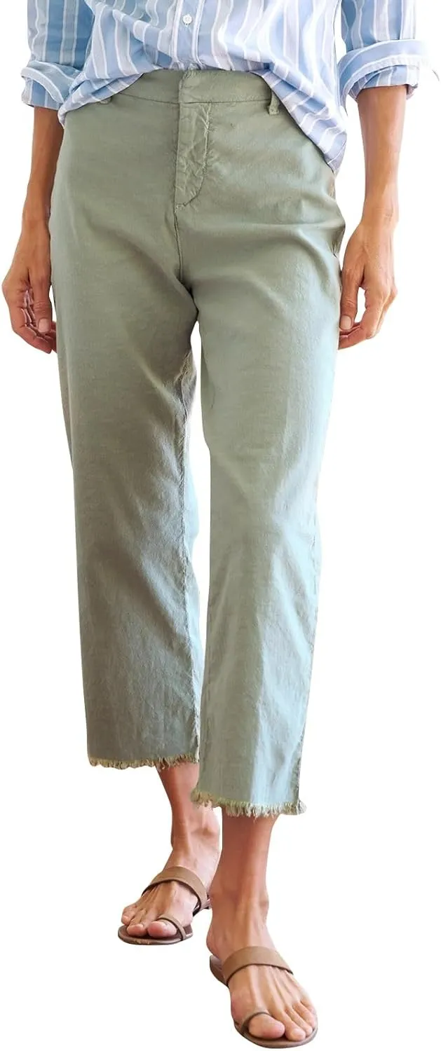 Linen Pants for Women High Waisted Raw Hem Business Casual Cropped Pants Loose Fit Vacation Trousers with Pockets