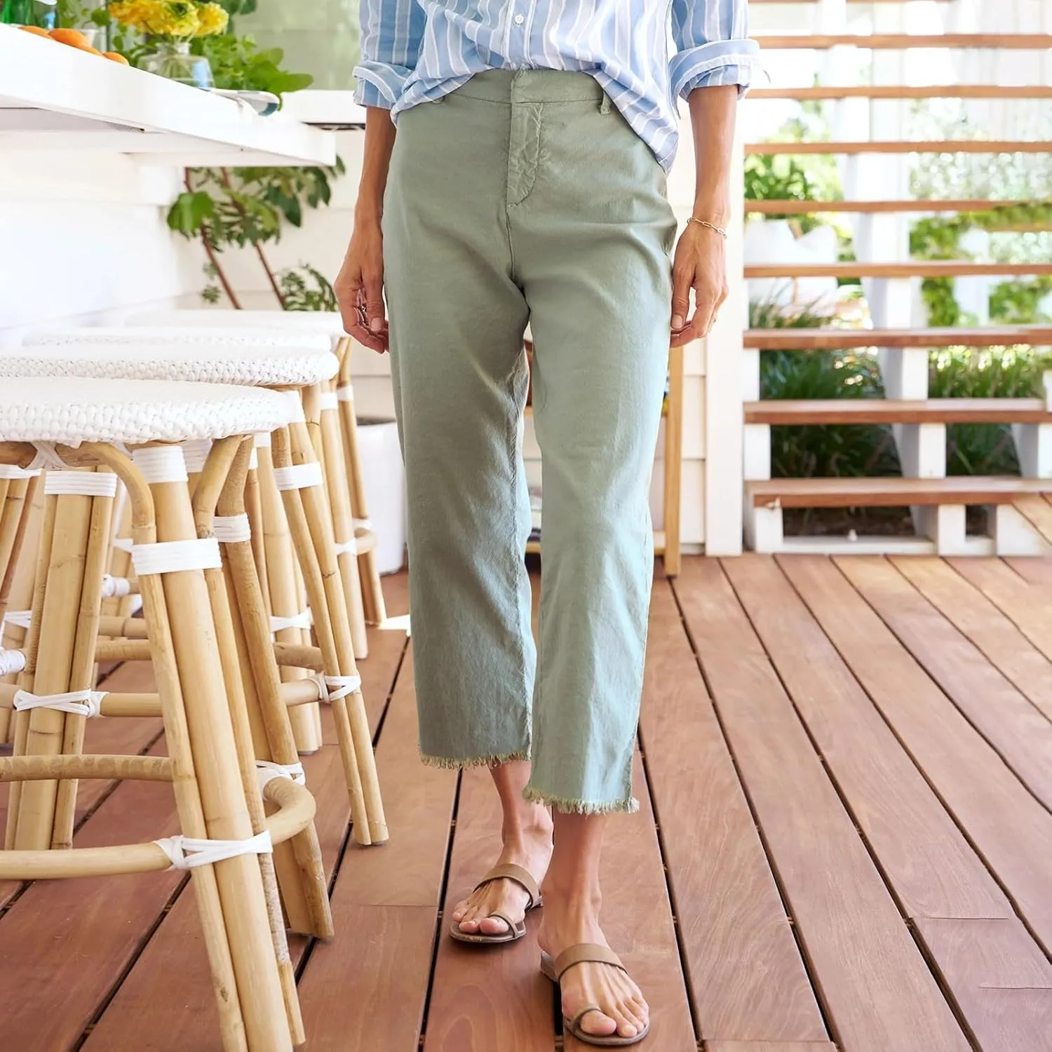 Linen Pants for Women High Waisted Raw Hem Business Casual Cropped Pants Loose Fit Vacation Trousers with Pockets