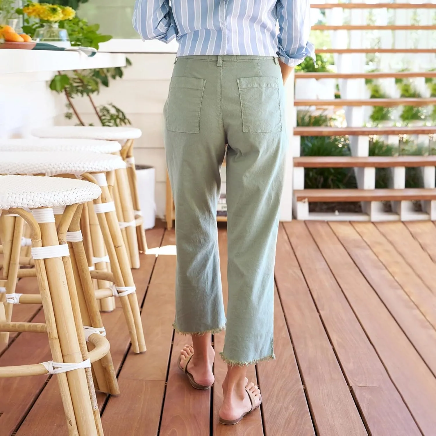 Linen Pants for Women High Waisted Raw Hem Business Casual Cropped Pants Loose Fit Vacation Trousers with Pockets