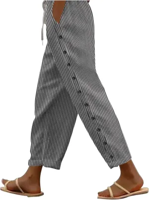 Linen Pants for Women Summer 2024 Striped Casual Elastic High Waist Straight Leg Loose Boho Trendy Trousers Plus Size