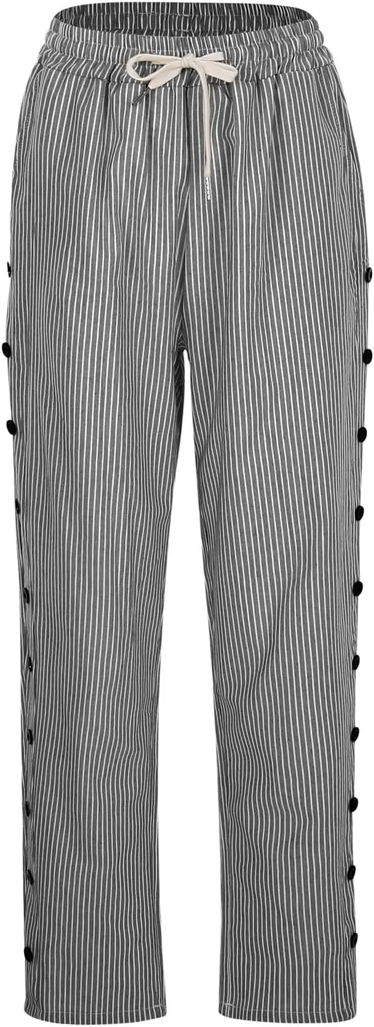 Linen Pants for Women Summer 2024 Striped Casual Elastic High Waist Straight Leg Loose Boho Trendy Trousers Plus Size