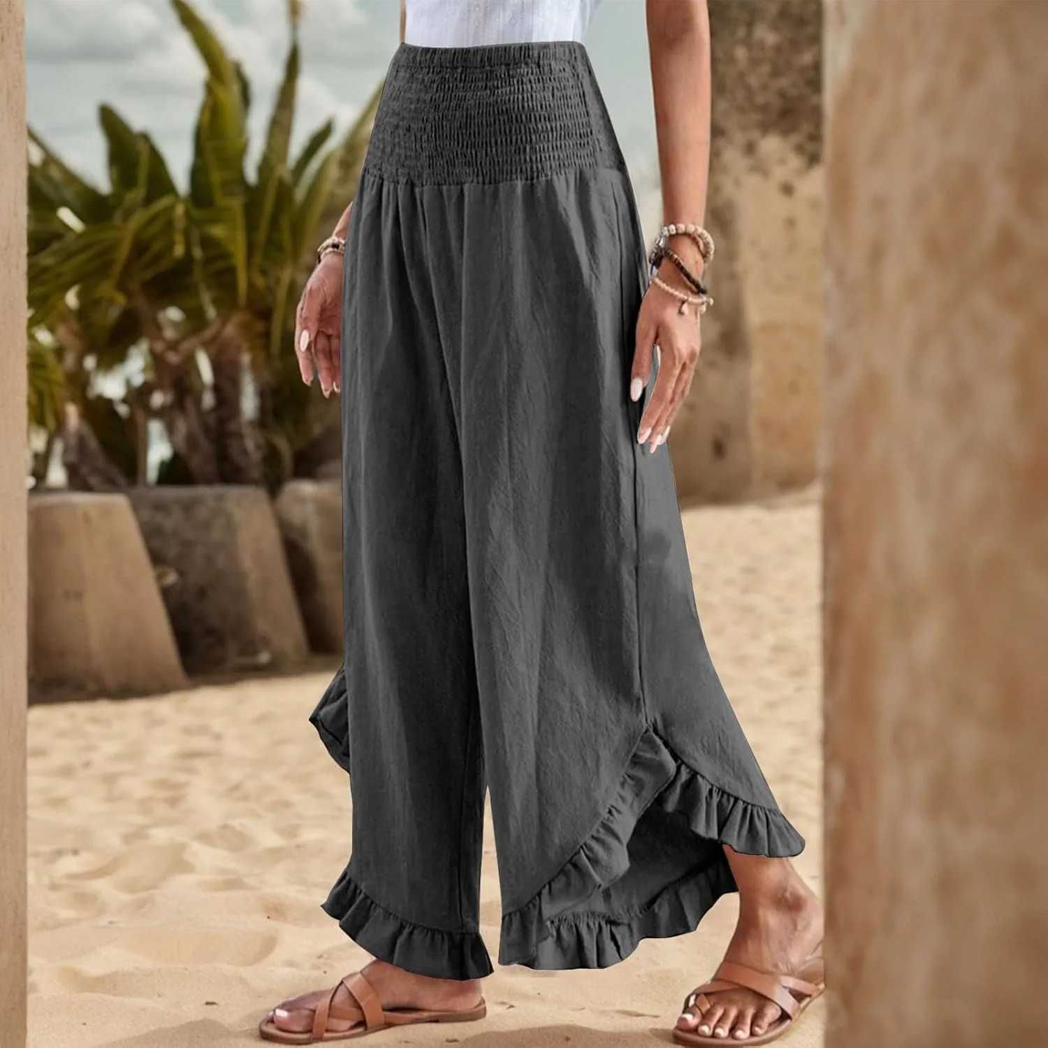 Linen Pants for Women Summer Wide Leg Ruffle Smocked Waist Palazzo Pant Boho Flowy Beach Casual Trouser with Pockets
