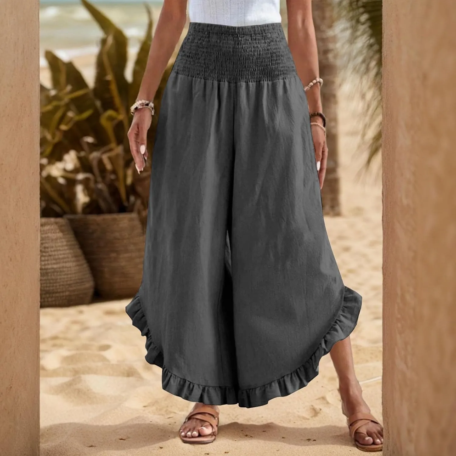 Linen Pants for Women Summer Wide Leg Ruffle Smocked Waist Palazzo Pant Boho Flowy Beach Casual Trouser with Pockets