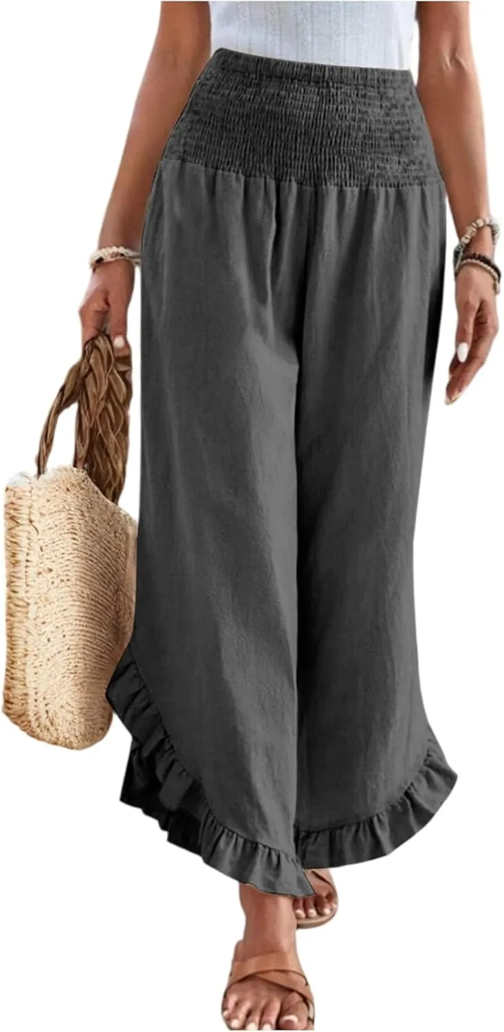 Linen Pants for Women Summer Wide Leg Ruffle Smocked Waist Palazzo Pant Boho Flowy Beach Casual Trouser with Pockets