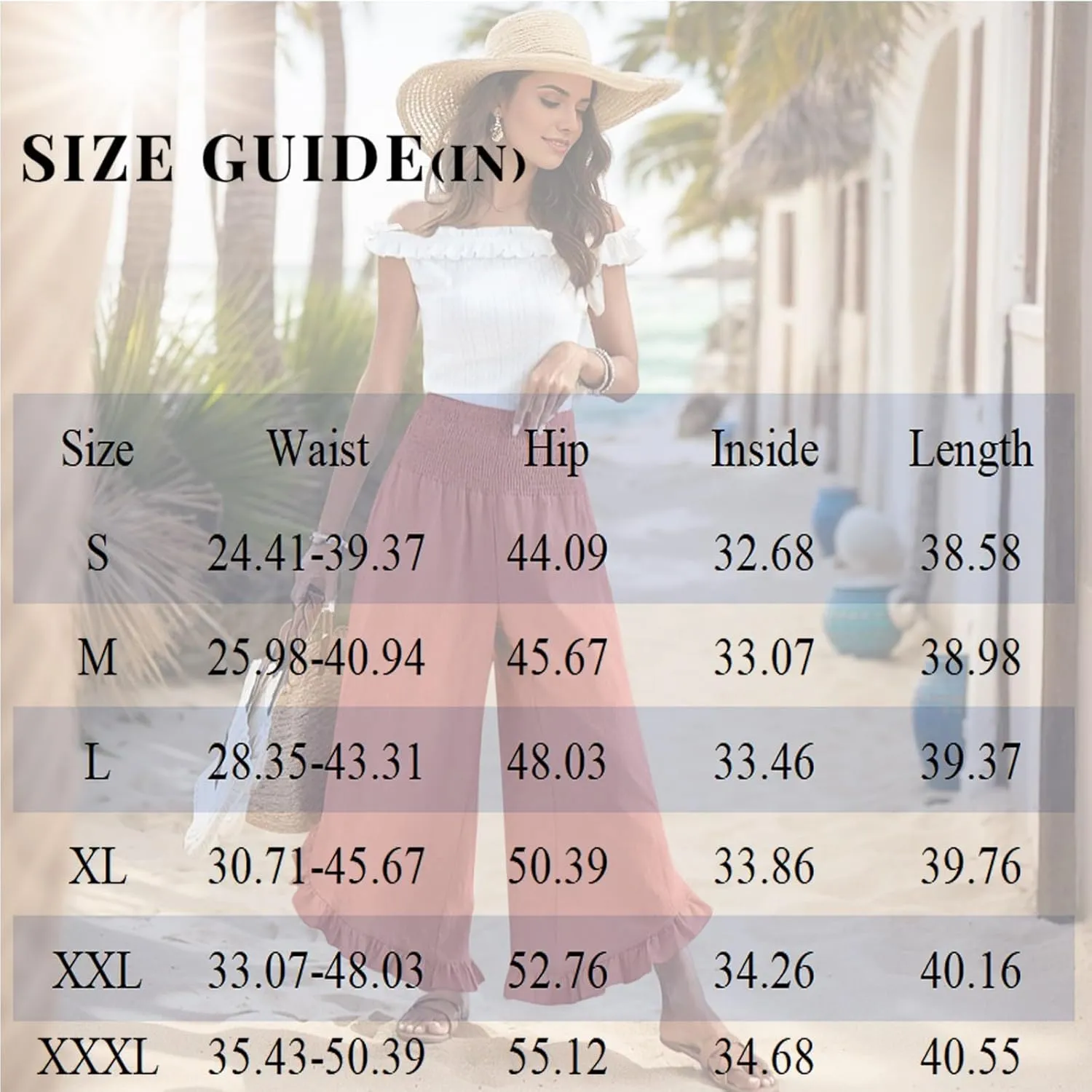 Linen Pants for Women Summer Wide Leg Ruffle Smocked Waist Palazzo Pant Boho Flowy Beach Casual Trouser with Pockets