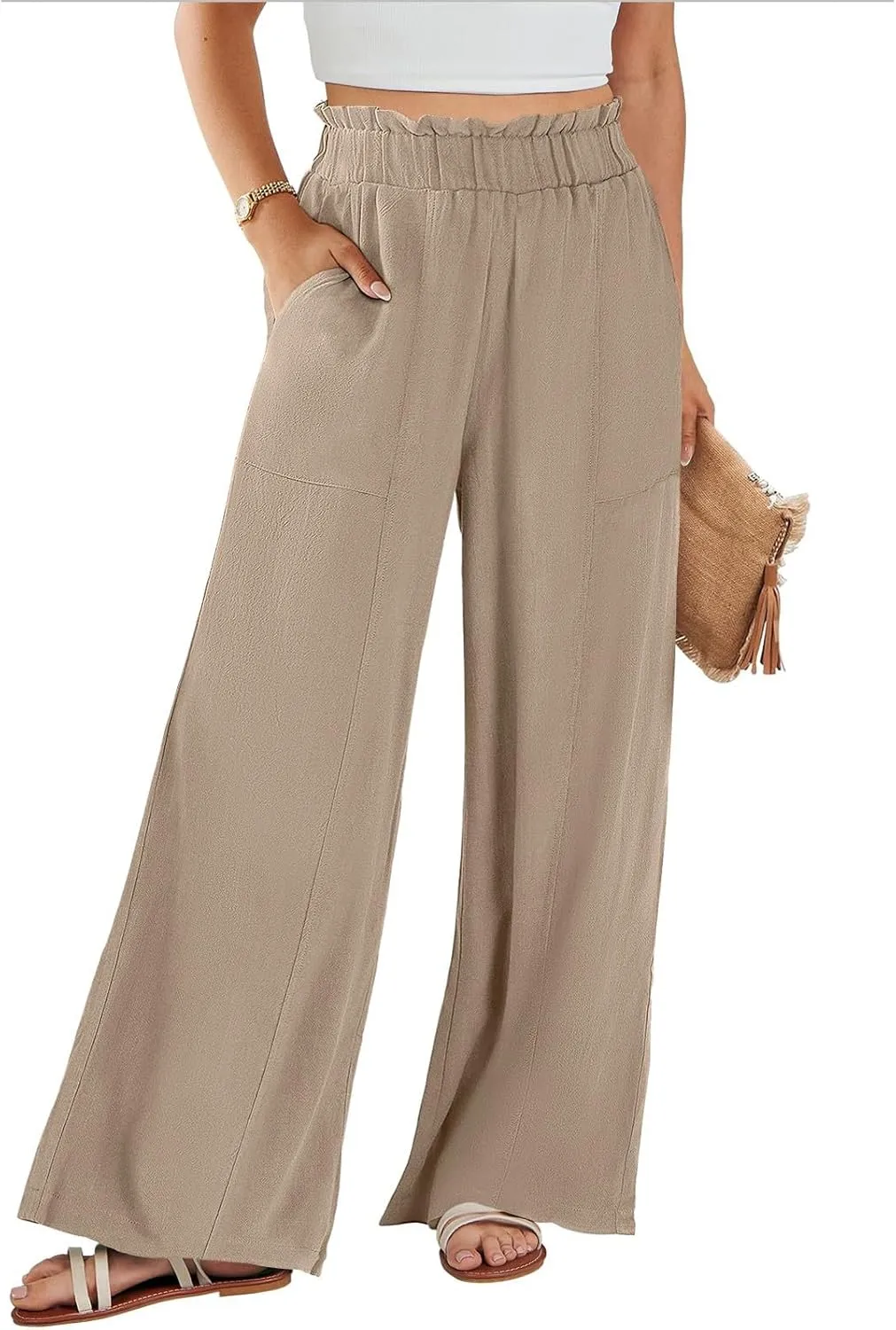 Linen Pants for Women Trendy Casual Wide Leg Beach Palazzo Pants Ruffle High Waist Slacks Trousers with Pockets