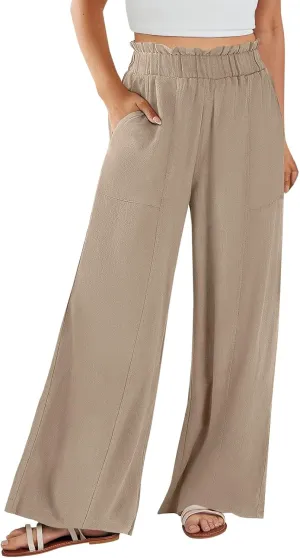Linen Pants for Women Trendy Casual Wide Leg Beach Palazzo Pants Ruffle High Waist Slacks Trousers with Pockets