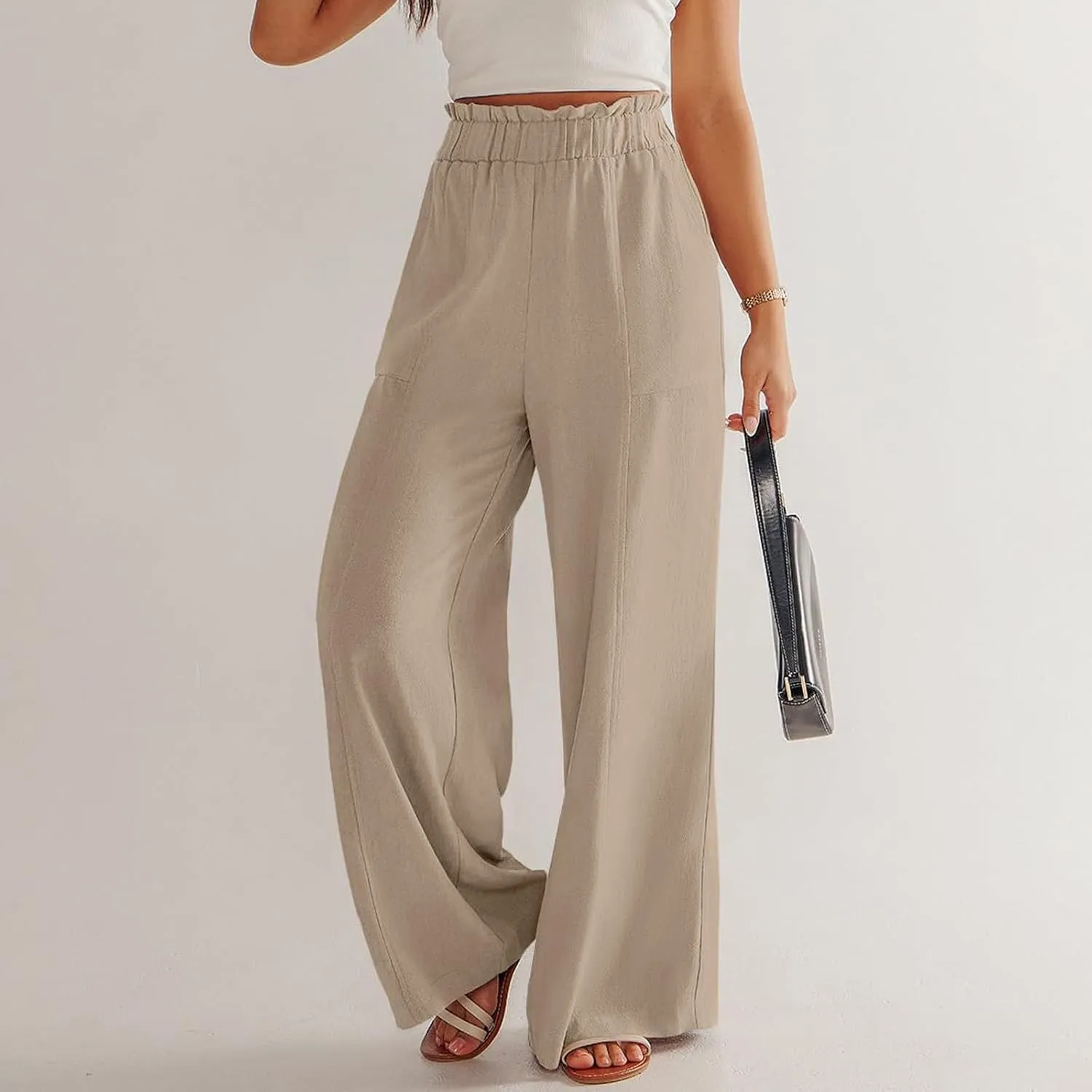 Linen Pants for Women Trendy Casual Wide Leg Beach Palazzo Pants Ruffle High Waist Slacks Trousers with Pockets