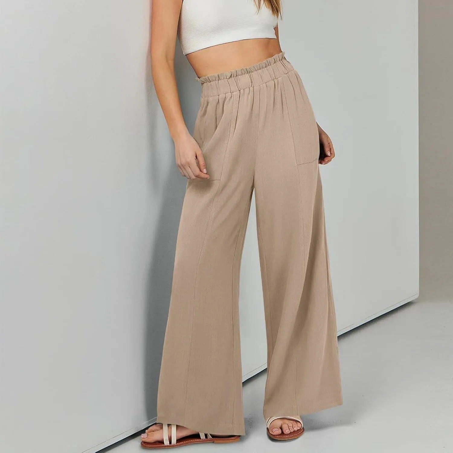 Linen Pants for Women Trendy Casual Wide Leg Beach Palazzo Pants Ruffle High Waist Slacks Trousers with Pockets