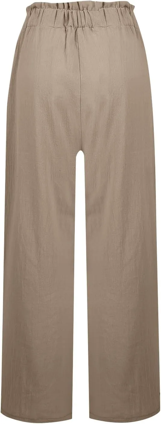 Linen Pants for Women Trendy Casual Wide Leg Beach Palazzo Pants Ruffle High Waist Slacks Trousers with Pockets